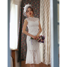 Petite Trumpet Illusion Neckline Tea Length Lace Reception Wedding Dresses