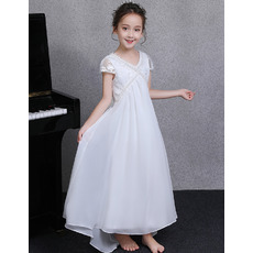 Empire Beaded Lace Appliques Chiffon Junior Bridesmaid Dress with Cap Sleeves