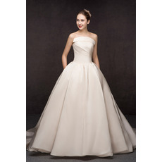 Concise A-Line Strapless Court Train Satin Wedding Dresses with Pockets