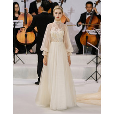 Dramatic Ruffled High Neckline Tulle Wedding Dress with Bishop Sleeves and Illusion Back