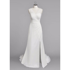 Perfect Sheath V-Neck Chiffon Wedding Dresses with Side Split and Bias Ruffle Detail
