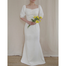 Simple Square Neck Full Length Satin Wedding Dresses with Bubble Sleeves