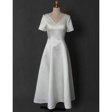 Vintage Simple V-Neck Tea Length Satin Bridal Dress with Short Sleeves and Keyhole Back