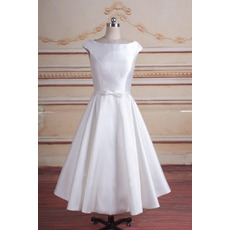 Cute Simple A-Line Tea-Length Satin Reception Bridal Dresses with Slight Cap Sleeves