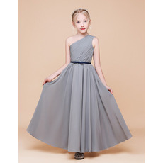 Discount A-Line One Shoulder Ankle Length Chiffon Flower Girl Dress with Ruched Bodice