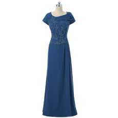 Elegant Pleated Neckline Beaded Appliques Full Length Chiffon Mother Bride Dresses with Short Sleeves