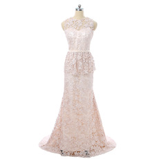 Fashionable A-Line Long Length Lace Mother Dress with Peplum Ruffle Detail at Waist