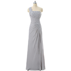 Elegance Beaded Appliques One Shoulder Full Length Chiffon Mother Dress with Ruching