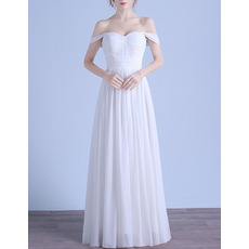 Simple Full Length Off-The-Shoulder White Pleated Chiffon Wedding Dresses
