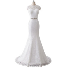 Elegant Jewel Neckline Lace Wedding Dresses with Open Back and Crystal-adorned Waist