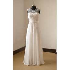 Pearl Appliques Illusion Neckline Wedding Dresses with Chiffon Skirt