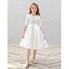 Tailored Scoop Neckline Knee Length Satin First Communion Flower Girl Dresses with Half Sleeves