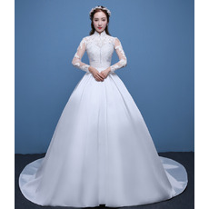 Elegant High Neckline Satin Wedding Dresses with Appliques Bodice and Long Tulle Sleeves