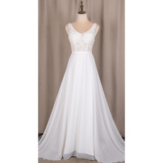 Classy Double V-Neck Chiffon Wedding Dresses with Beaded Appliques Bodice