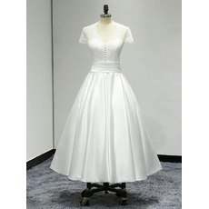 Perfect Tea-length Satin and Lace Summer Wedding Dresses with Cap Sleeves