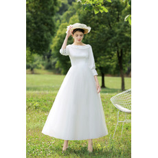 Classically Elegant Boat Neckline Summer Tea-Length Wedding Dresses with Beaded Embroidered