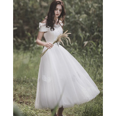 Graceful Ruffled Off-The-Shoulder Tea-length Tulle Wedding Dresses