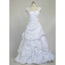 Classy Beading Appliques Detachable Straps Taffeta Wedding Dress with Pick-up Skirt