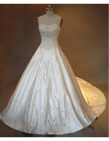 Classic A-Line Strapless Chapel Satin Embroider Beading Wedding Dress ...