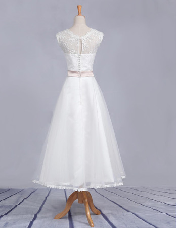 Affordable A-Line V-Neck Tea Length Satin Lace Beach Wedding Dresses ...