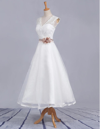 Affordable A-Line V-Neck Tea Length Satin Lace Beach Wedding Dresses ...