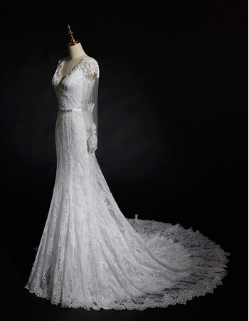 Dreamy Sheath V-Neck Lace Wedding Dresses with Long Tulle Sleeves ...
