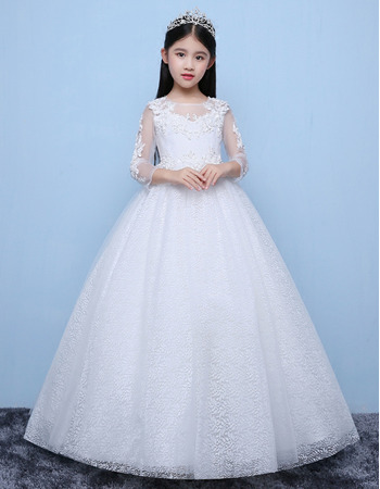 Sweet White Ball Gown Full Length Lace Tulle Flower Girl Dress with ...