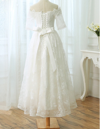 Simple Off-the-shoulder Tea Length Lace Wedding Dresses with Short ...