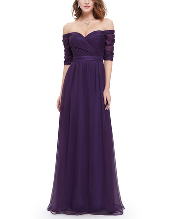 Simple Elegant Sweetheart Long Purple Tulle Ruched Evening Party Dress with Half Sleeves