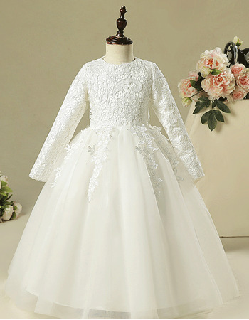 Adorable Classic Floor Length Lace Tulle Flower Girl Dresses with Long ...