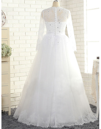 Affordable A-Line Floor Length Tulle Wedding Dresses with Long Sleeves ...