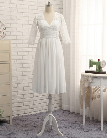 Elegant V-neck Knee Length Plus Size Wedding Dress with 3/4 Long ...