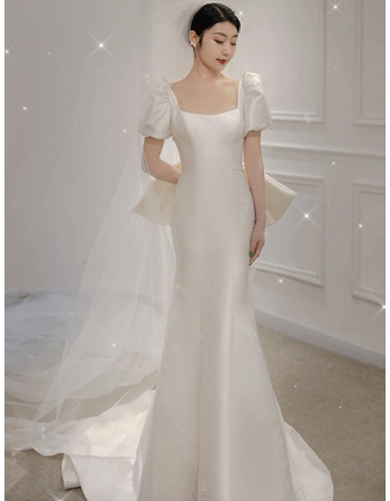 Modern Mermaid Satin Wedding Dresses with Short Puff Sleeves and ...
