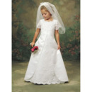 Cute Appliques A-Line Short Sleeves Satin First Communion Dresses with Split Skirt