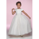 Inexpensive Pretty Ball Gown Bateau Ankle Length Cap Sleeves Organza Embroidery Flower Girl/ First Communion Dresses with Ruched