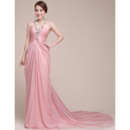 Stunning Beaded Halter V-Neck Court Train Chiffon Evening Party Dresses with Side Draped