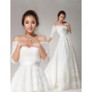 Exquisite A-Line Off-the-shoulder Lace Appliques Tulle Wedding Dresses with Half Sleeves