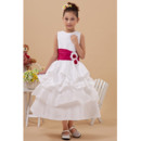 Cute A-Line Bateau Neckline Tea Length Satin Plus Size First Communion Flower Girl Dresses with Pick-up Skirt