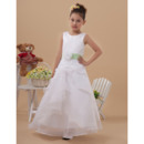 Inexpensive A-Line Round Neck Sleeveless Ankle Length Organza White First Communion Dresses with Front Layered Skirt