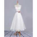 Affordable A-Line V-Neck Tea Length Satin Lace Beach Wedding Dresses with Belts/ Simple Reception Bridesmaid Gowns