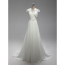 Romantic A-Line Illusion Neckline Court Train Wedding Dresses with Cap Sleeves and Petal Detailing