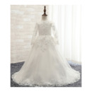 Affordable Ball Gown Scoop Neck Floor-length Satin Tulle First Communion Dresses with Long Sleeves