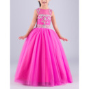 Gorgeous Ball Gown Sleeveless Full Length Tulle Flower Girl Dresses/ Luxury Crystal Rhinestone Open Back Girls Party Dresses