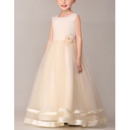 Cute Simple Ball Gown Sleeveless Long Satin Tulle Flower Girl Dresses iwith Hand-made Flowers