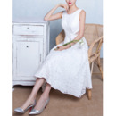 Discount A-Line Sleeveless Tea Length Lace Wedding Dresses with Cutout Waist