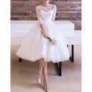 Custom Illusion Neckline Knee Length Tulle Wedding Dresses with 3/4 Long Sleeves