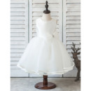 Cute Ivory Ball Gown Tea Length Organza Flower Girl/ First Communion Dresses with Beaded Bows