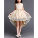 Discount V-cut Neck High-Low Asymmetrical Hem Short Lace Little Girls Party Dresses with Bows