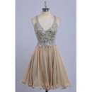 Ravishing Modest V-Neck Short Chiffon Homecoming Dresses with Rhinestone Lace Bodice