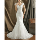 Stylish Beaded Appliques V-Neck Tulle Over Lace Wedding Dresses with Slight Cap Sleeves